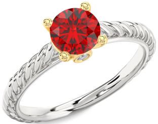 Diamond Ruby Silver & 10K gold Round Vintage Engagement Ring
