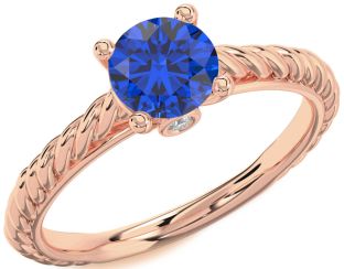 Diamond Blue Sapphire Rose Gold Knot Round Solitaire Engagement Ring