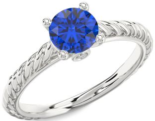 Diamond Blue Sapphire Silver Knot Round Solitaire Engagement Ring