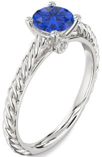 Diamond Blue Sapphire White Gold Knot Round Solitaire Engagement Ring