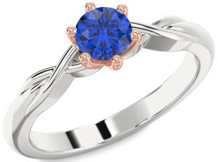 Blue Sapphire Silver & 10K Rose Gold Knot Round Solitaire Engagement Ring