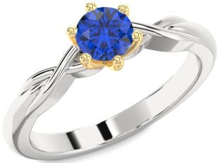 Blue Sapphire Silver & 10K gold Knot Round Solitaire Engagement Ring