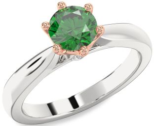 Diamond Emerald Platinum & Rose Gold Round Solitaire Engagement Ring