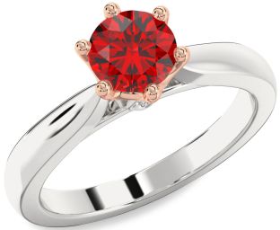 Diamond Ruby Silver & 10K Rose Gold Round Solitaire Engagement Ring