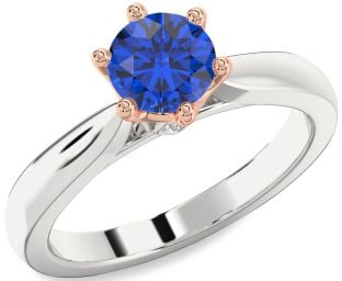 Diamond Blue Sapphire White Rose Gold Round Solitaire Engagement Ring