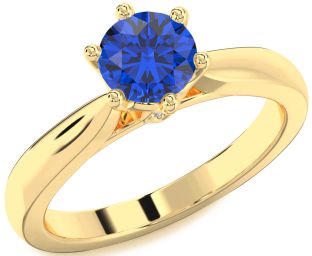Diamond Blue Sapphire Gold Round Solitaire Engagement Ring