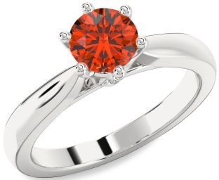 Diamond Fire Opal Silver Round Solitaire Engagement Ring