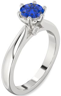 Diamond Blue Sapphire Silver Round Solitaire Engagement Ring