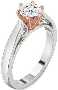 Diamond Silver & 10K Rose Gold Round Solitaire Engagement Ring