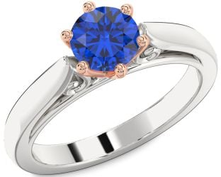 Blue Sapphire White Rose Gold Round Solitaire Engagement Ring