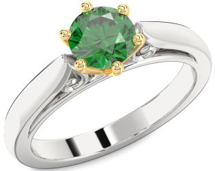 Emerald Silver & 10K gold Round Solitaire Engagement Ring
