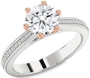 Diamond Silver & 10K Rose Gold Round Solitaire Pave Engagement Ring