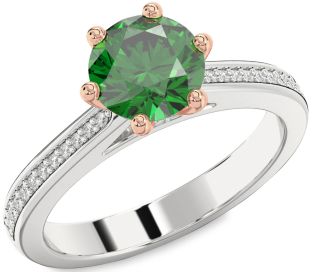 Diamond Emerald Silver & 10K Rose Gold Round Solitaire Pave Engagement Ring