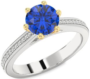 Diamond Blue Sapphire Platinum & Yellow Gold Round Solitaire Pave Engagement Ring