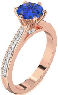 Diamond Blue Sapphire Rose Gold Silver Round Solitaire Pave Engagement Ring