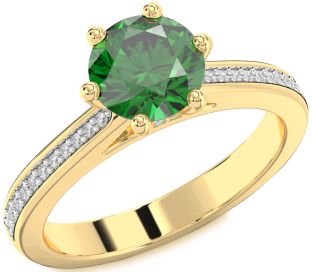 Diamond Emerald Gold Round Solitaire Pave Engagement Ring