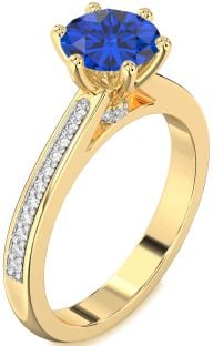 Diamond Blue Sapphire Gold Round Solitaire Pave Engagement Ring