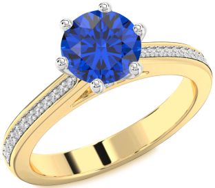 Diamond Blue Sapphire Platinum & Yellow Gold Round Solitaire Pave Engagement Ring