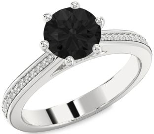 Black Diamond Silver Round Solitaire Pave Engagement Ring