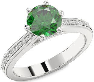 Diamond Emerald Platinum Round Solitaire Pave Engagement Ring
