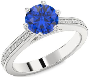 Diamond Blue Sapphire Platinum Round Solitaire Pave Engagement Ring