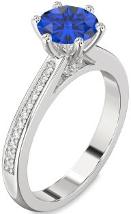 Diamond Blue Sapphire Silver Round Solitaire Pave Engagement Ring