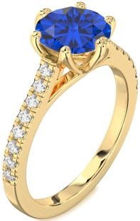 Diamond Blue Sapphire Gold Round Solitaire Pave Engagement Ring