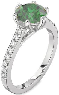 Diamond Emerald Platinum Round Solitaire Pave Engagement Ring