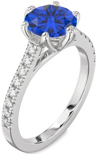 Diamond Blue Sapphire Silver Round Solitaire Pave Engagement Ring