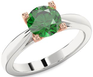 Emerald Silver & 10K Rose Gold Round Solitaire Engagement Ring