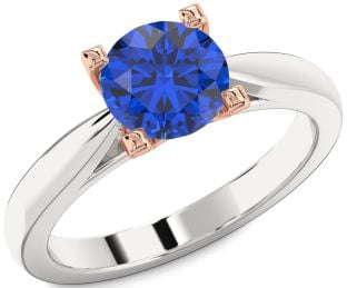 Blue Sapphire White Rose Gold Round Solitaire Engagement Ring