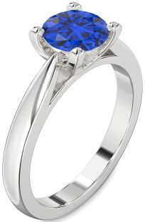 Blue Sapphire Silver Round Solitaire Engagement Ring