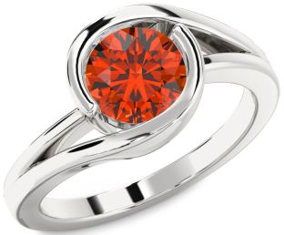 Fire Opal Silver Round Solitaire Engagement Ring