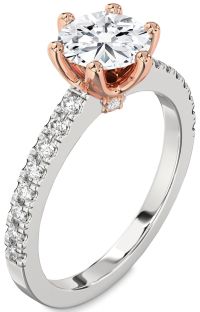 Diamond Silver & 10K Rose Gold Round Solitaire Pave Engagement Ring