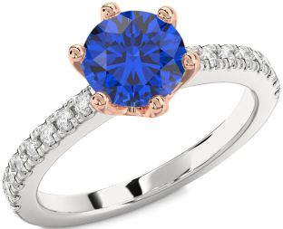 Diamond Blue Sapphire White Rose Gold Round Solitaire Pave Engagement Ring