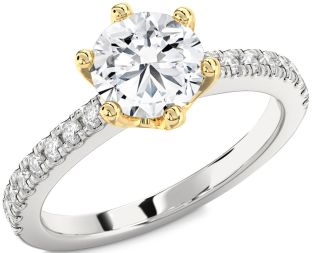 Diamond Silver & 10K gold Round Solitaire Pave Engagement Ring