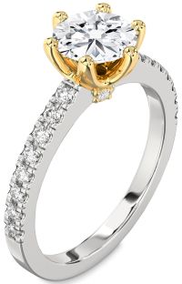 Diamond Silver & 10K gold Round Solitaire Pave Engagement Ring