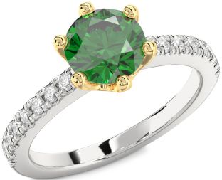 Diamond Emerald Silver & 10K gold Round Solitaire Pave Engagement Ring