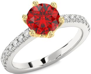 Diamond Ruby Silver & 10K gold Round Solitaire Pave Engagement Ring