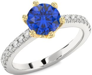Diamond Blue Sapphire Silver & 10K gold Round Solitaire Pave Engagement Ring