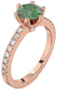Diamond Emerald Rose Gold Round Solitaire Pave Engagement Ring