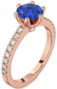Diamond Blue Sapphire Rose Gold Silver Round Solitaire Pave Engagement Ring