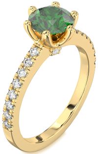 Diamond Emerald Gold Round Solitaire Pave Engagement Ring