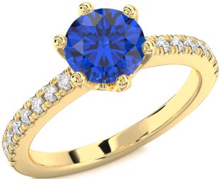 Diamond Blue Sapphire Gold Round Solitaire Pave Engagement Ring