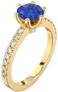 Diamond Blue Sapphire Gold Round Solitaire Pave Engagement Ring