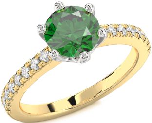 Diamond Emerald White Yellow Gold Round Solitaire Pave Engagement Ring