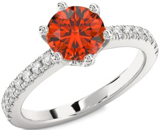 Diamond Fire Opal Silver Round Solitaire Pave Engagement Ring
