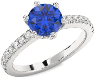 Diamond Blue Sapphire Silver Round Solitaire Pave Engagement Ring