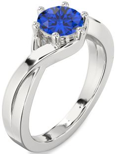 Blue Sapphire Silver Round Solitaire Engagement Ring