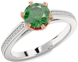 Diamond Emerald Silver & 10K Rose Gold Round Solitaire Pave Engagement Ring